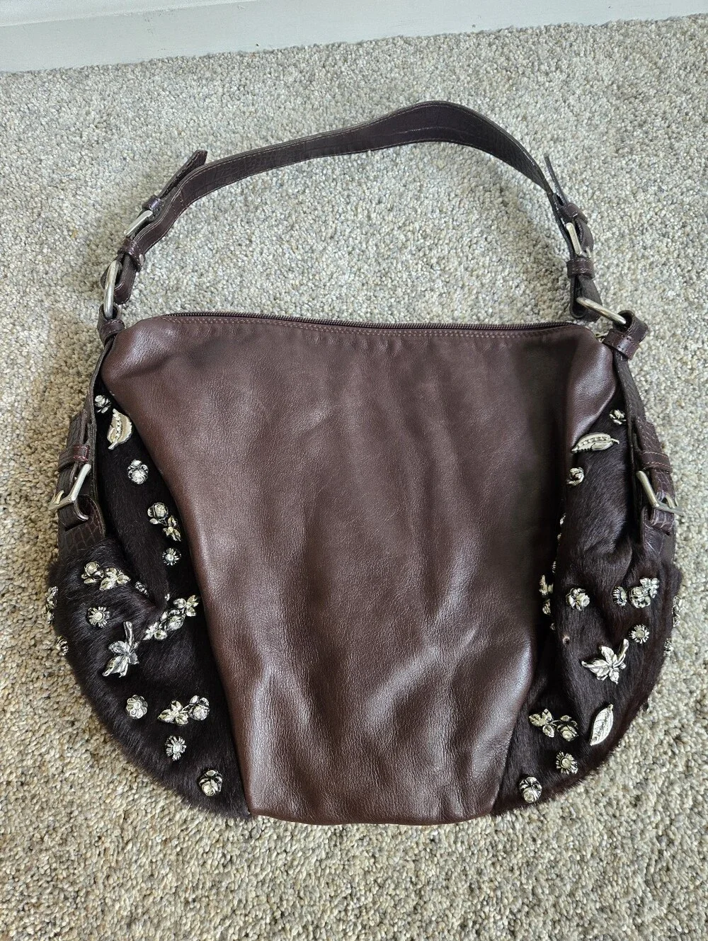 Berge Brown Leather Calfhair Hobo Shoulder Bag Charms Rhinestone Made in Italy